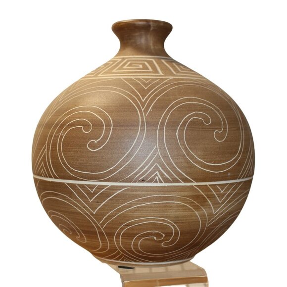 Brown Ceramic Vase With Greek Key Design & Protective Base Pads - Picture 2 of 5